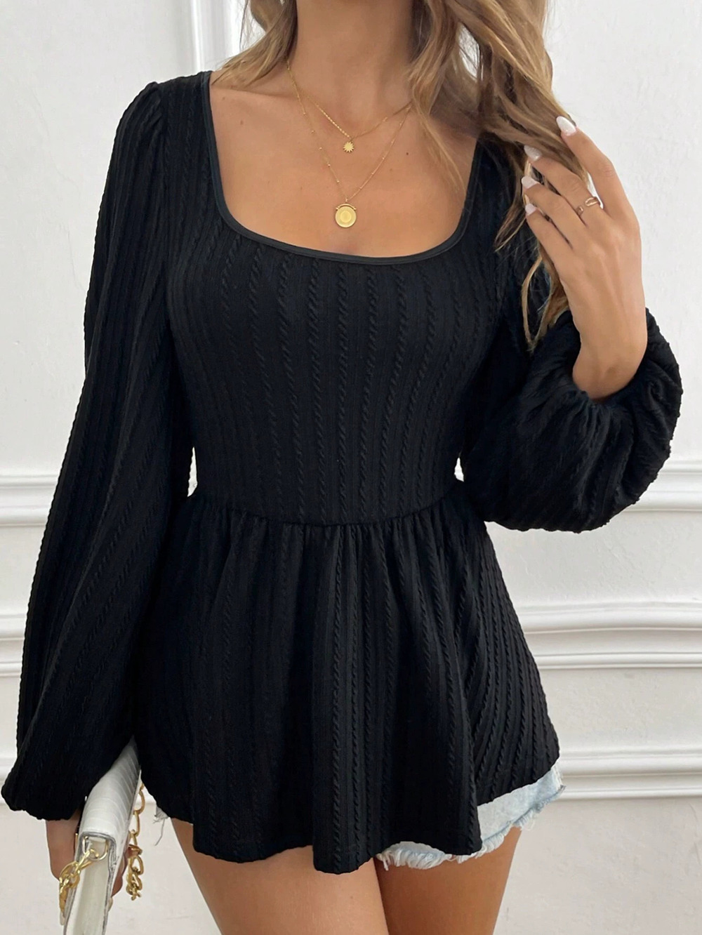 ZARA Sexy Square Neck Long Sleeve Twist Texture Waist Defining Top
